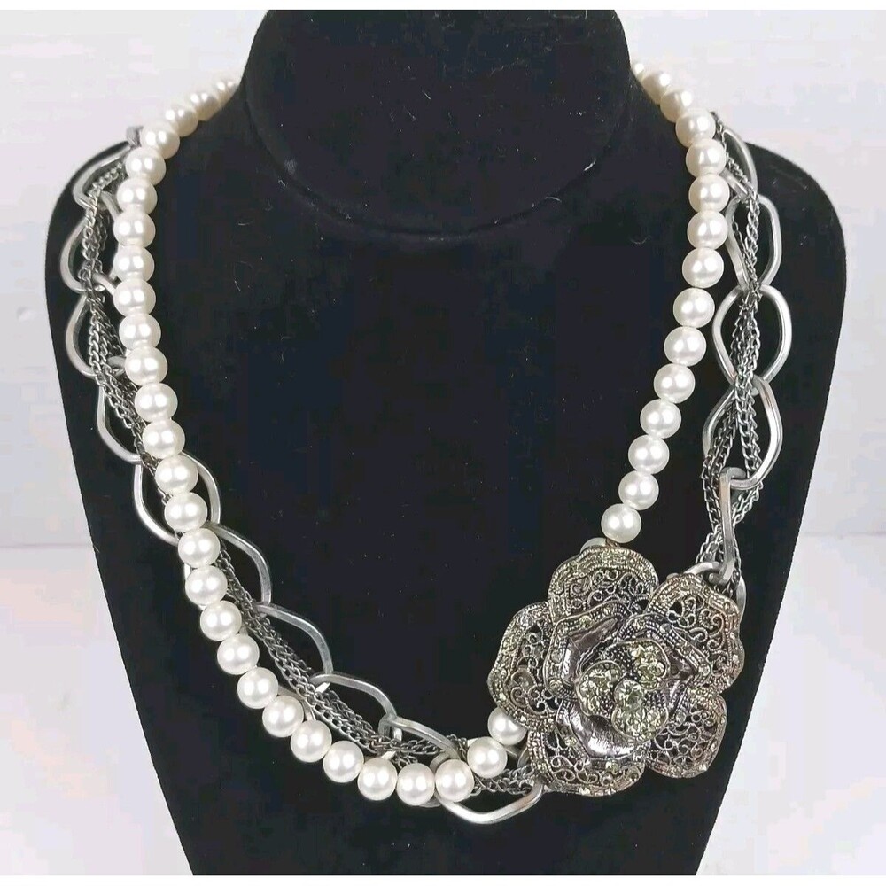 NY Signed Statement Necklace Rose Pearls Silver Multi Strand Marquisite Sparkle